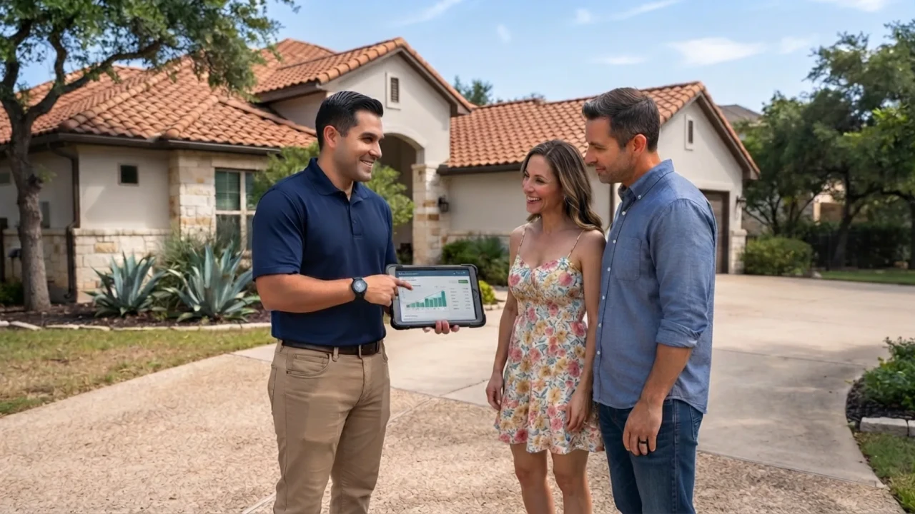 Roofing contractor writing estimate for San Antonio homeowner