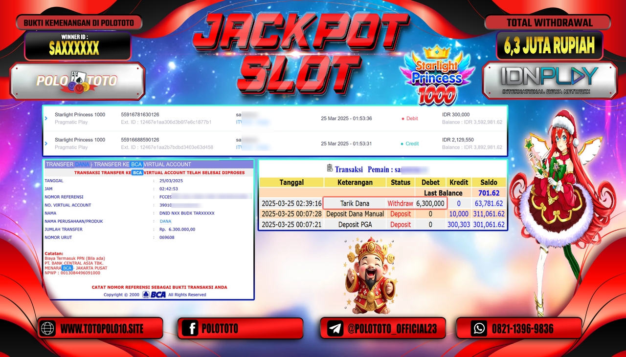 POLOTOTO JACKPOT SLOT STARLIGHT PRINCESS 1000 Rp.6.300.000,-