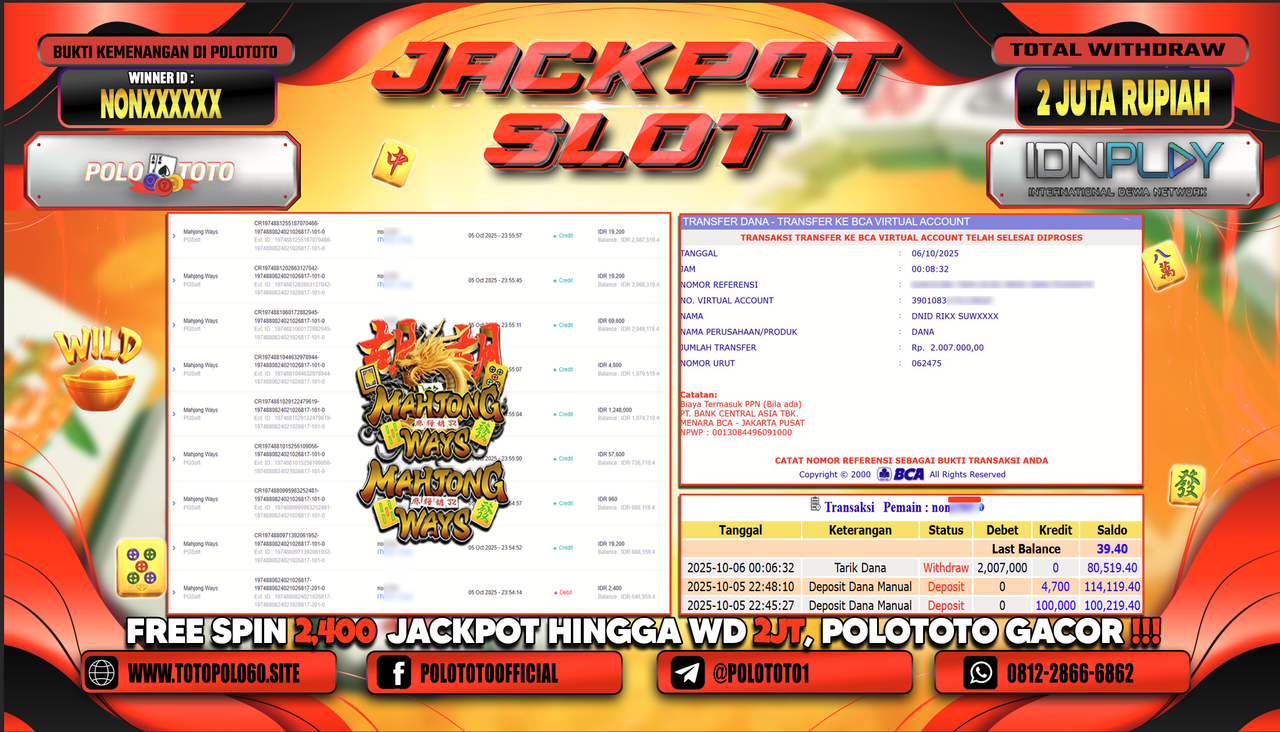 POLOTOTO JACKPOT SLOT MAHJONG WAYS Rp.2.000.000,- LUNAS