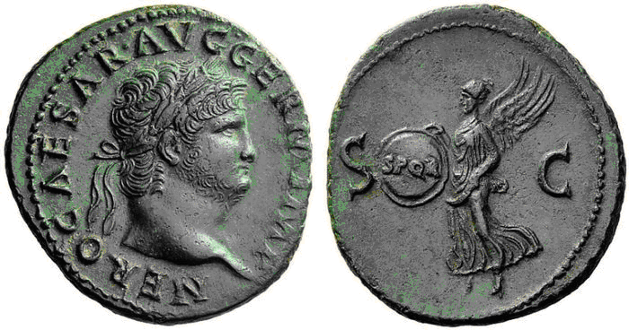 As de Nerón. S C. Victoria volante a izq. con clípeo. Roma. 1