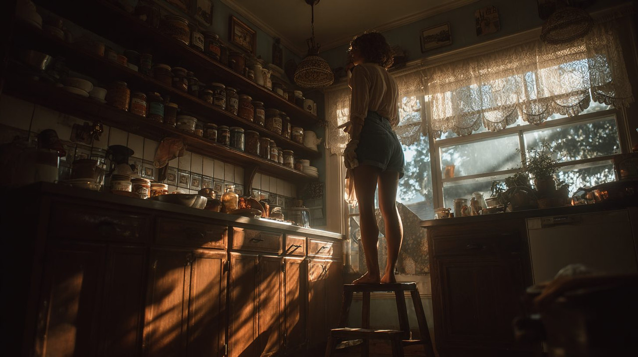 Чистка верхних полок на кухне с использованием подручных средств