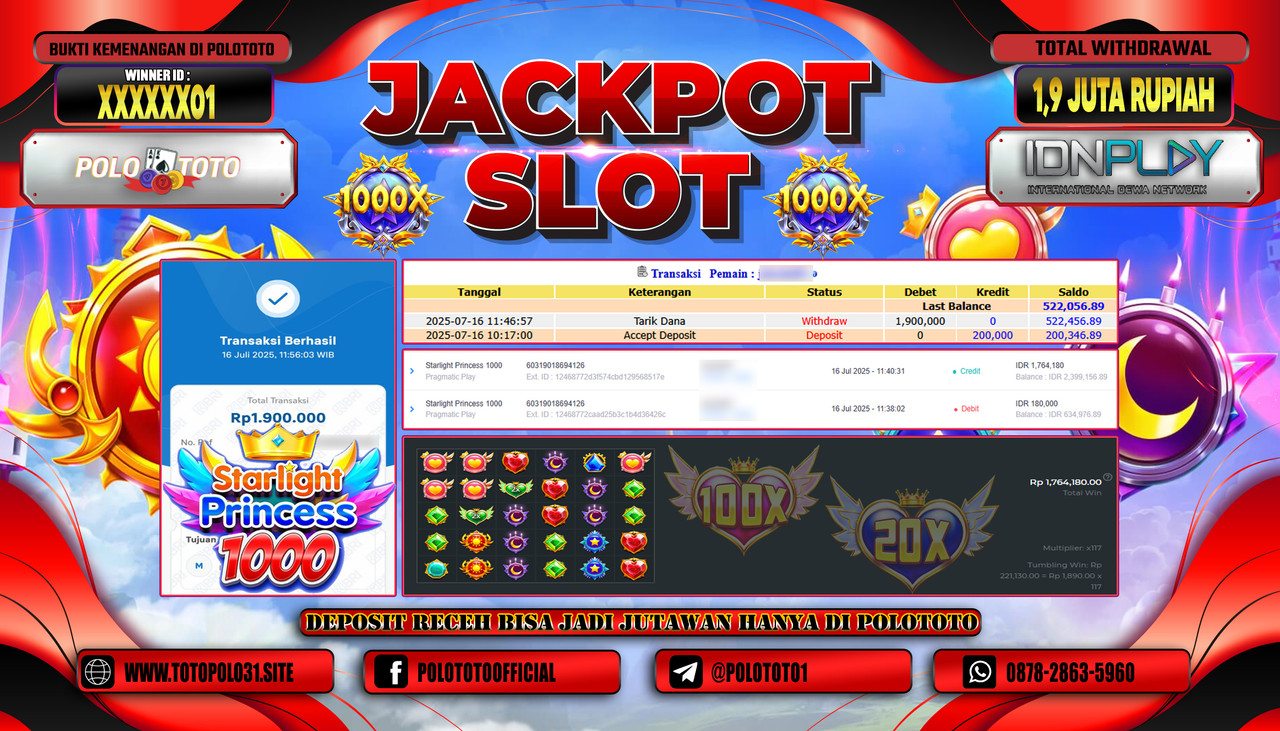 POLOTOTO JACKPOT SLOT STARLIGHT PRINCESS 1000 Rp.1.900.000,- LUNAS