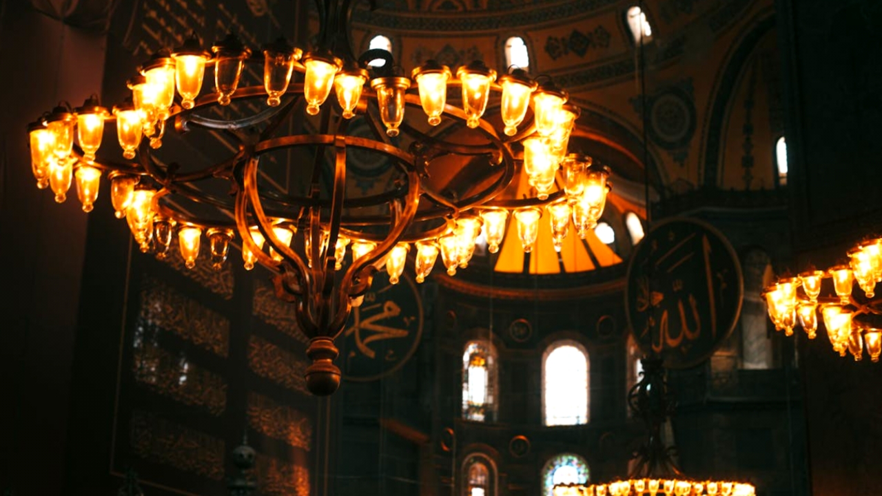 Wide shot of Hagia Sophia framed by the clear blue sky