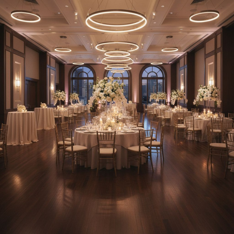 Различные виды столов для аренды в интерьере банкетного зала: круглые для посадки и высокие коктейльные для фуршета.