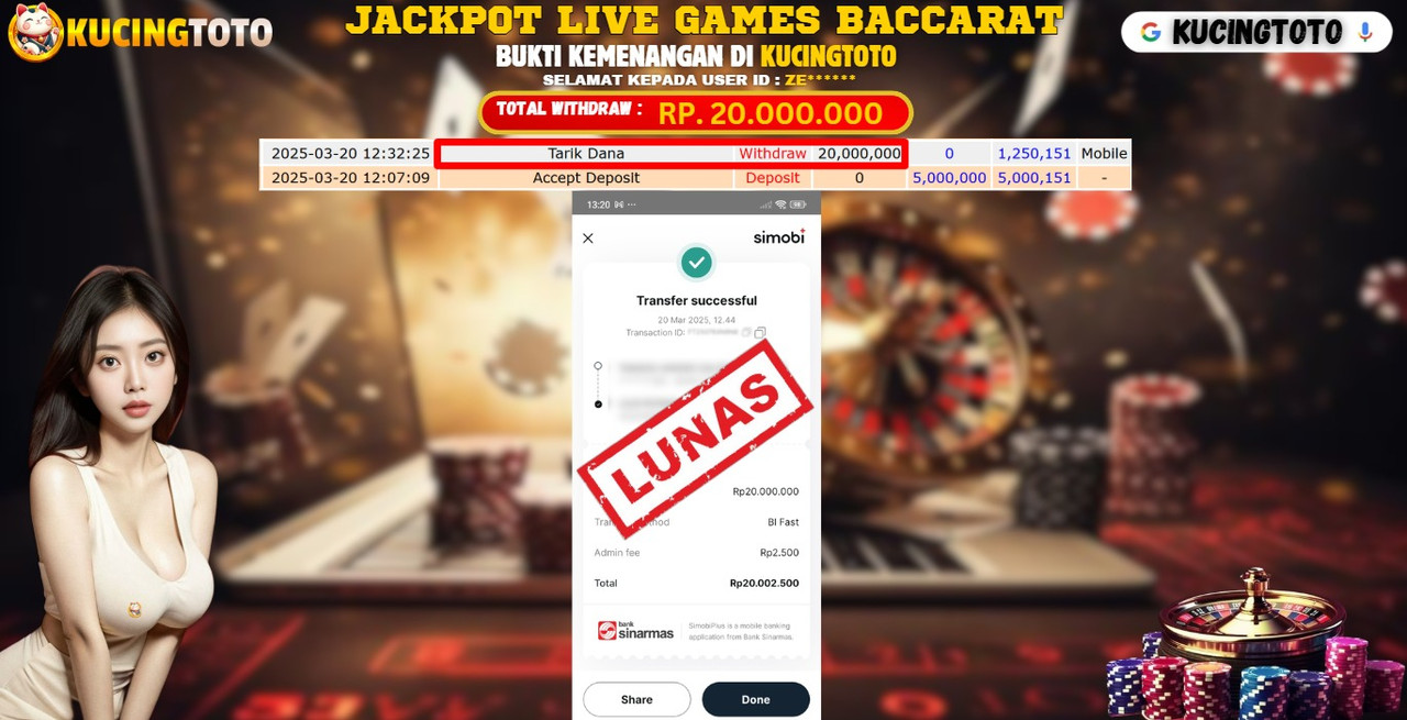 KUCINGTOTO JACKPOT JACKPOT LIVE GAMES BACCARAT RP.20.000.000.,- LUNAS