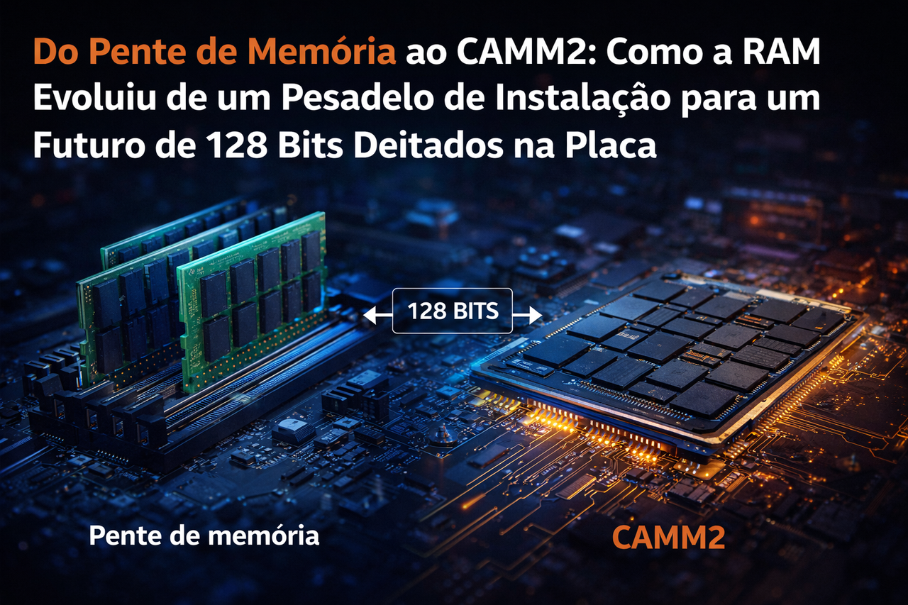 Do Pente de Memória ao CAMM2: Como a RAM Evoluiu de um Pesadelo de Instalação para um Futuro de 128 Bits Deitados na Placa