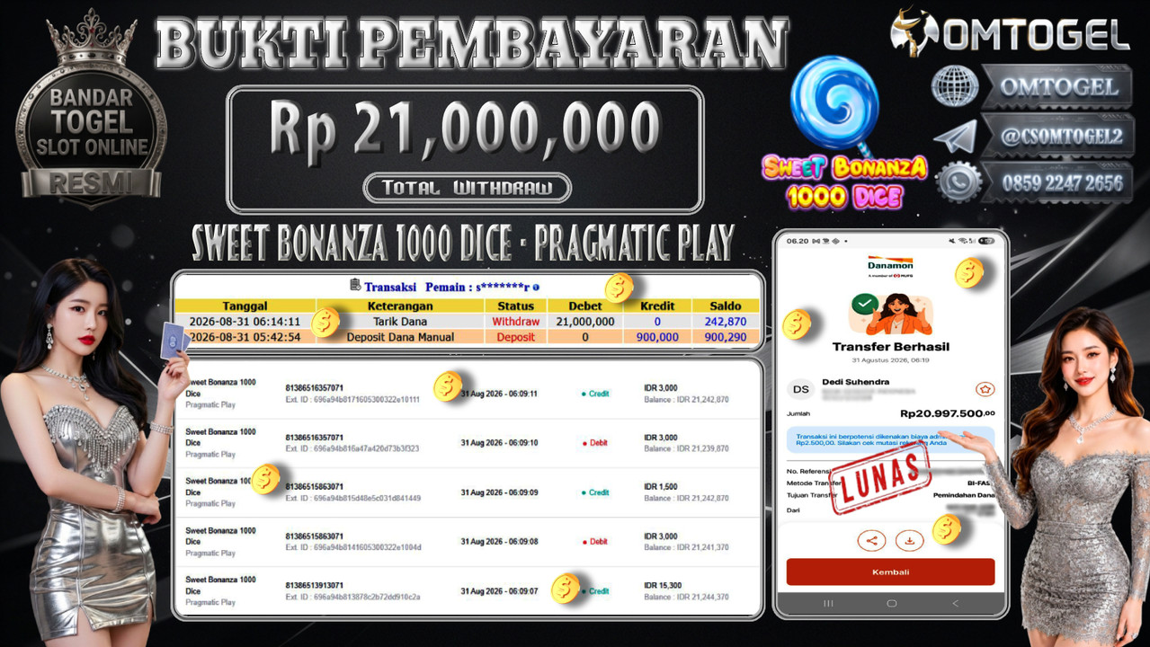 OMTOGEL JACKPOT PRAGMATIC PLAY SWEET BONANZA 1000 DICE Rp.21,000,000,- DIBAYAR LUNAS 