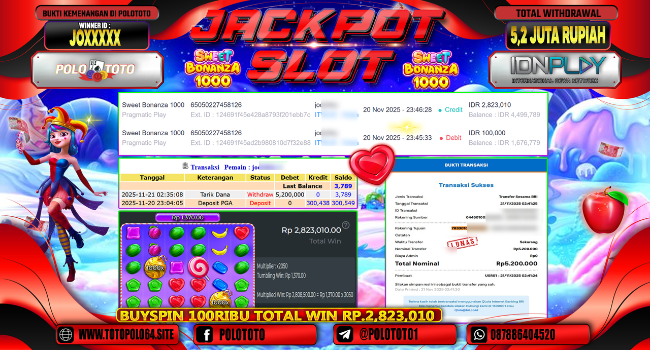 POLOTOTO JACKPOT SLOT SWEET BONANZA 1000 Rp.5.200.000,- LUNAS