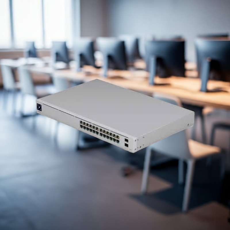 Close-up das 12 portas 2.5 GbE do switch