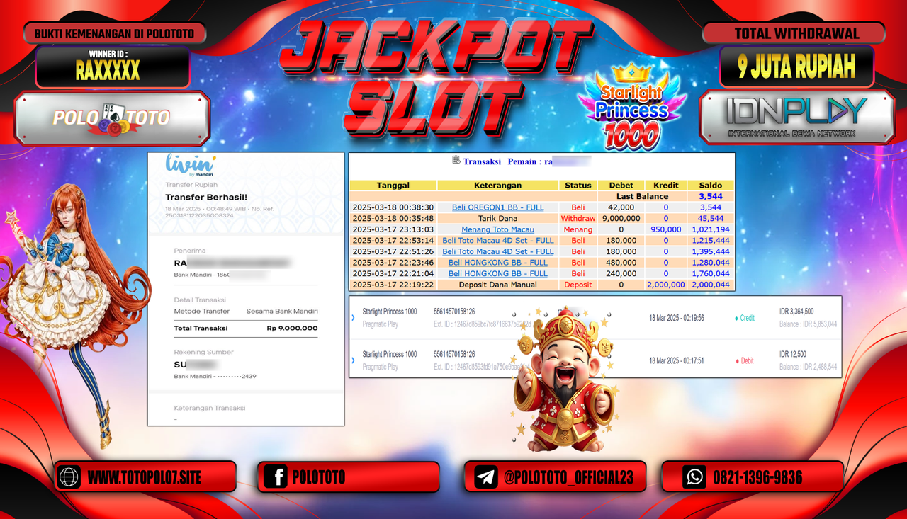 POLOTOTO JACKPOT SLOT STARLIGHT PRINCESS 1000 Rp.9.000.000,-