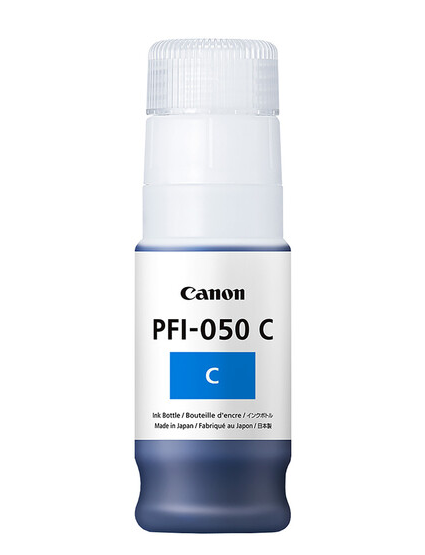 Botella de tinta original Canon PFI-050 de color cian.
