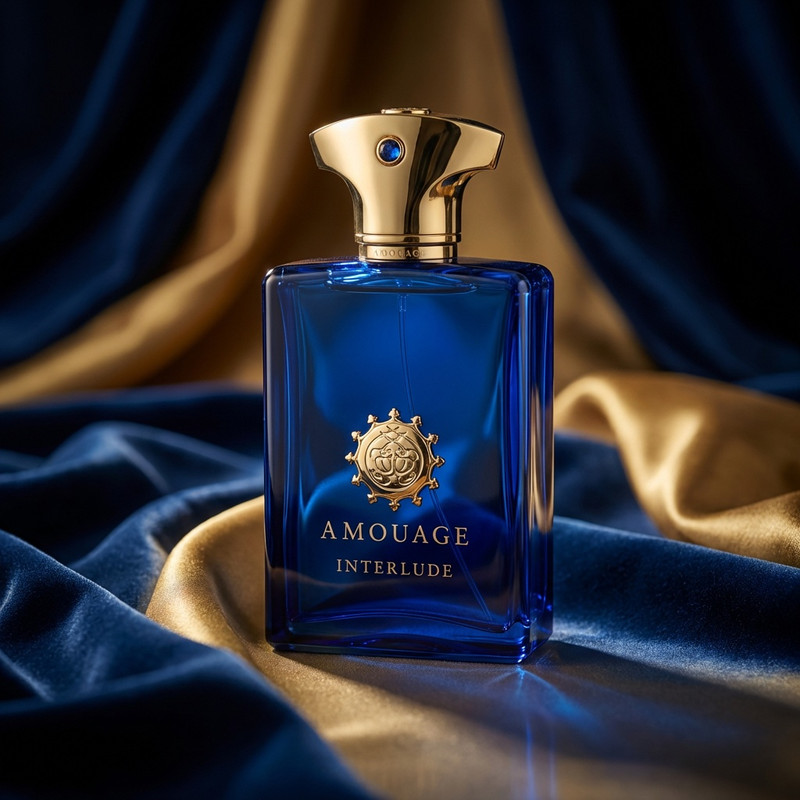 Vintage-style men's cologne in round bottle with wooden cap on dark background