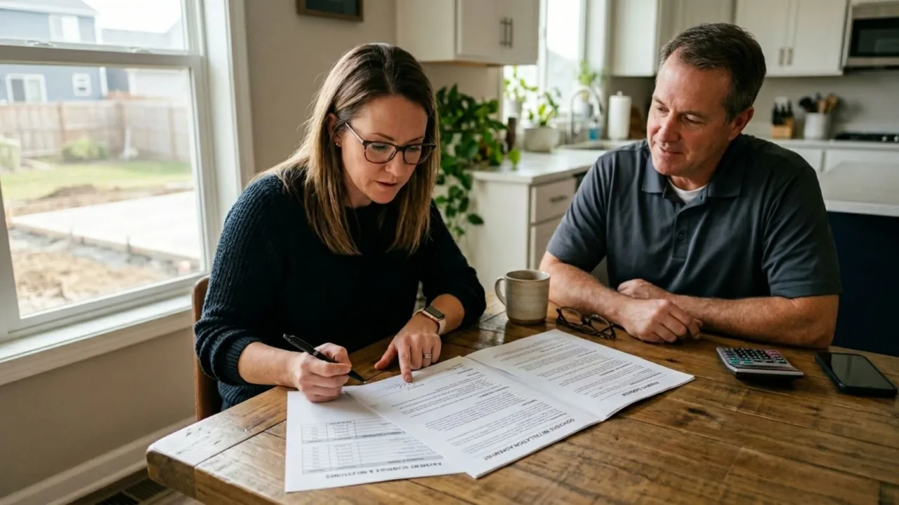 Homeowner reviewing a written concrete contract and payment schedule before signing
