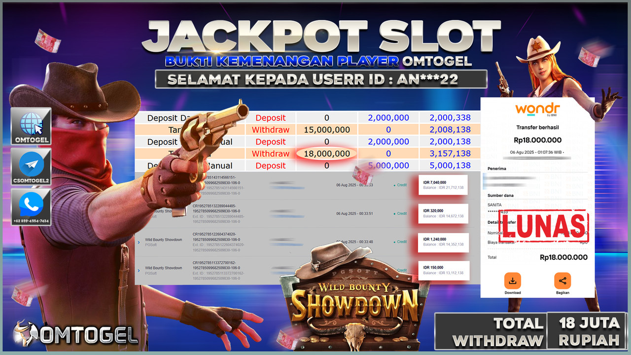 OMTOGEL JACKPOT PGSOFT WILD BOUNTY SHOWDOWN 18 JUTA DI BAYAR LUNAS ,-
