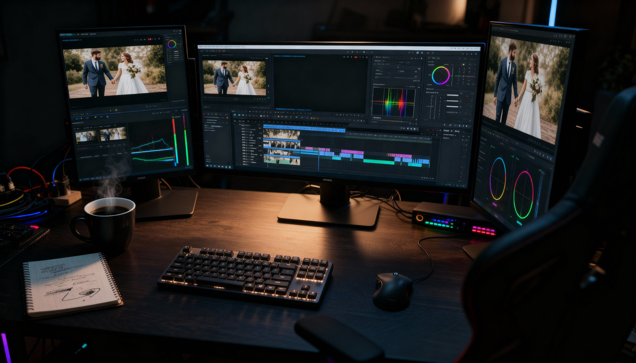 Video editing workstation with multiple monitors