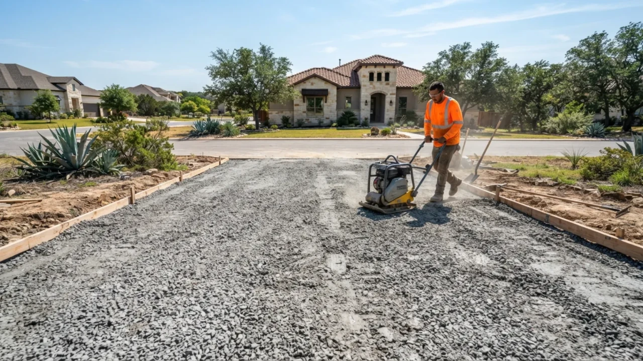 Concrete driveway base preparation with compacted crushed limestone in San Antonio