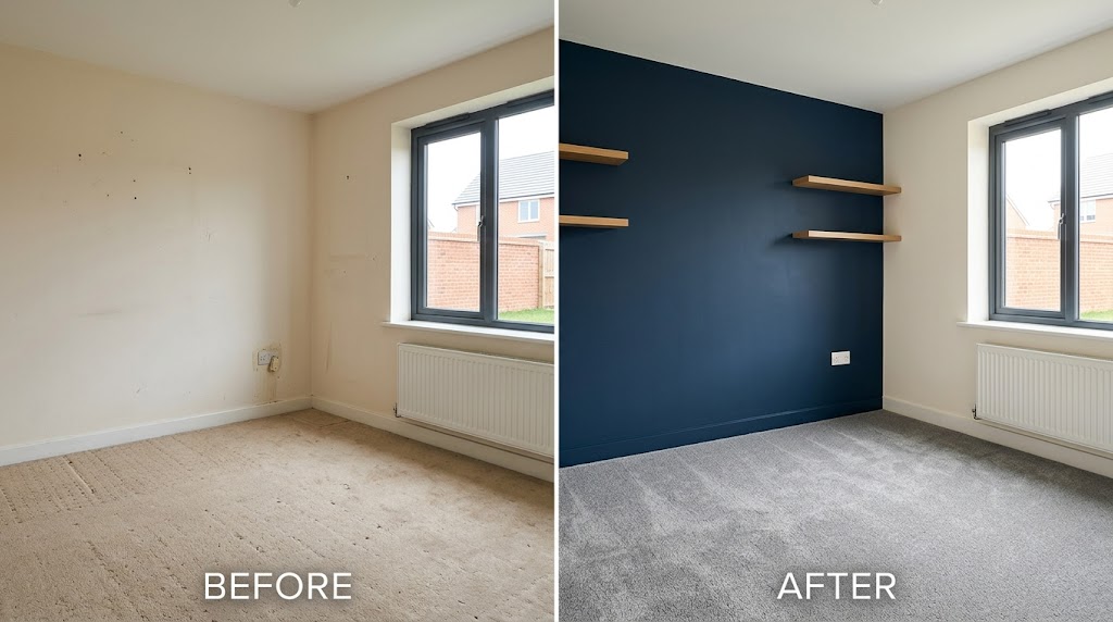 Before and after of a modern UK lounge — magnolia walls and tired carpet transformed with a deep navy colour-drenched feature wall and new mid-grey wool carpet by Home Style Carpets & Flooring