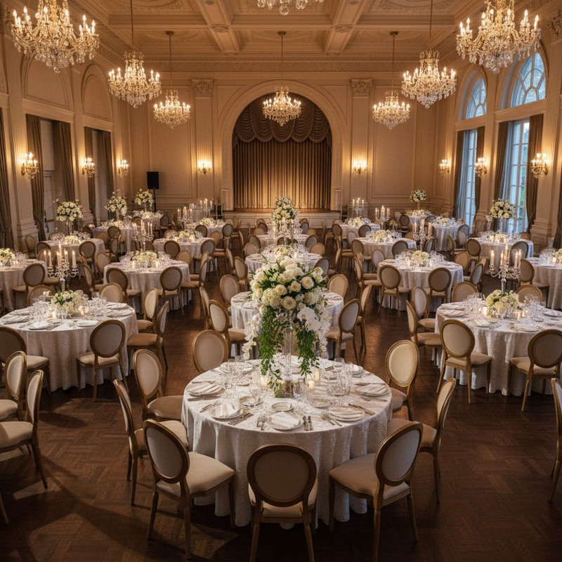 Готовый к приему гостей банкетный зал с грамотным зонированием, демонстрирующий, как качественная мебель для мероприятий создает атмосферу праздника.