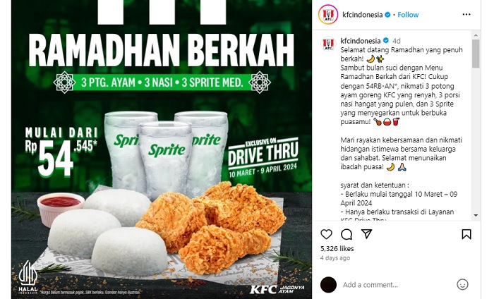 Cukup dengan Rp 54 ribuan, nikmati 3 potong ayam goreng KFC yang renyah, 3 porsi nasi hangat yang pulen, dan 3 Sprite yang menyegarkan untuk berbuka puasamu.