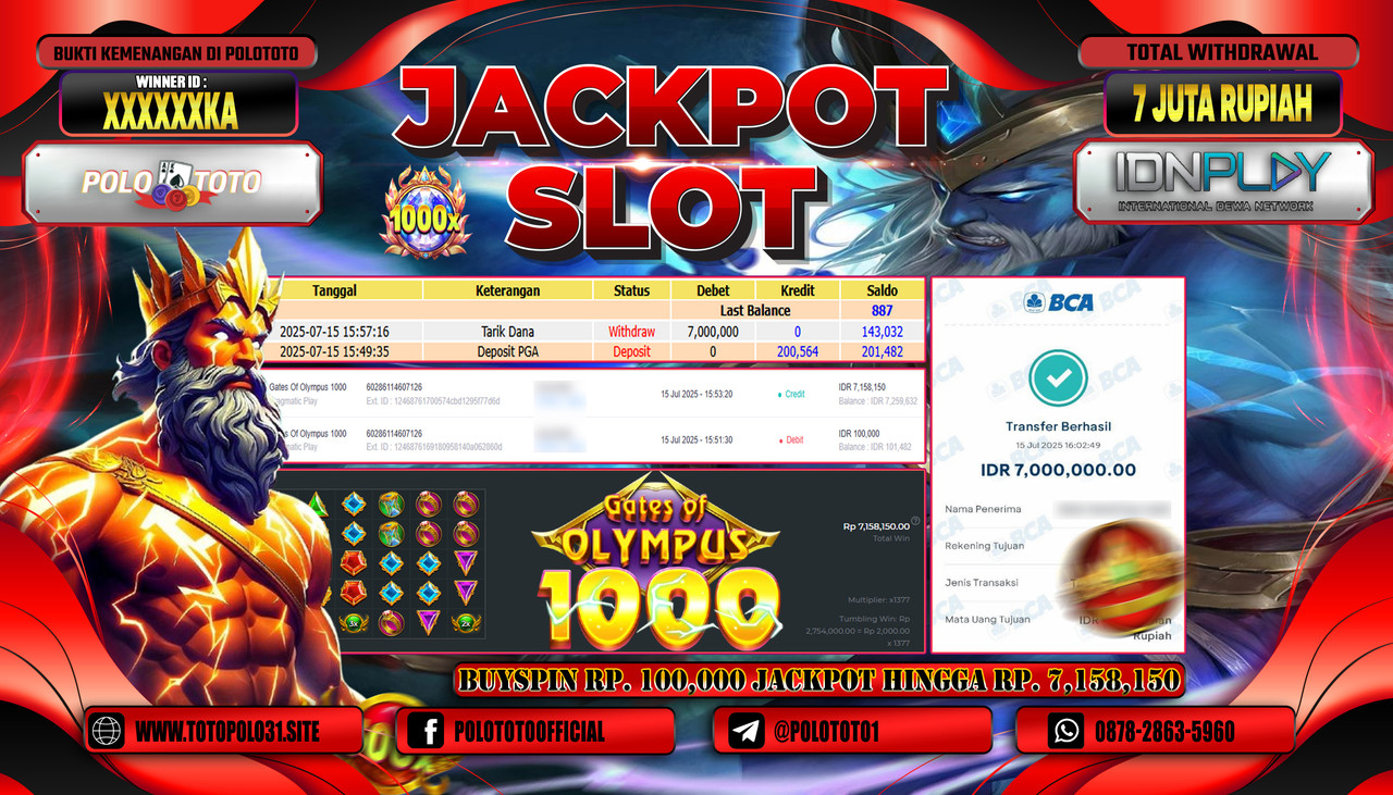 POLOTOTO JACKPOT SLOT GATES OF OLYMPUS Rp.7.000.000,- LUNAS
