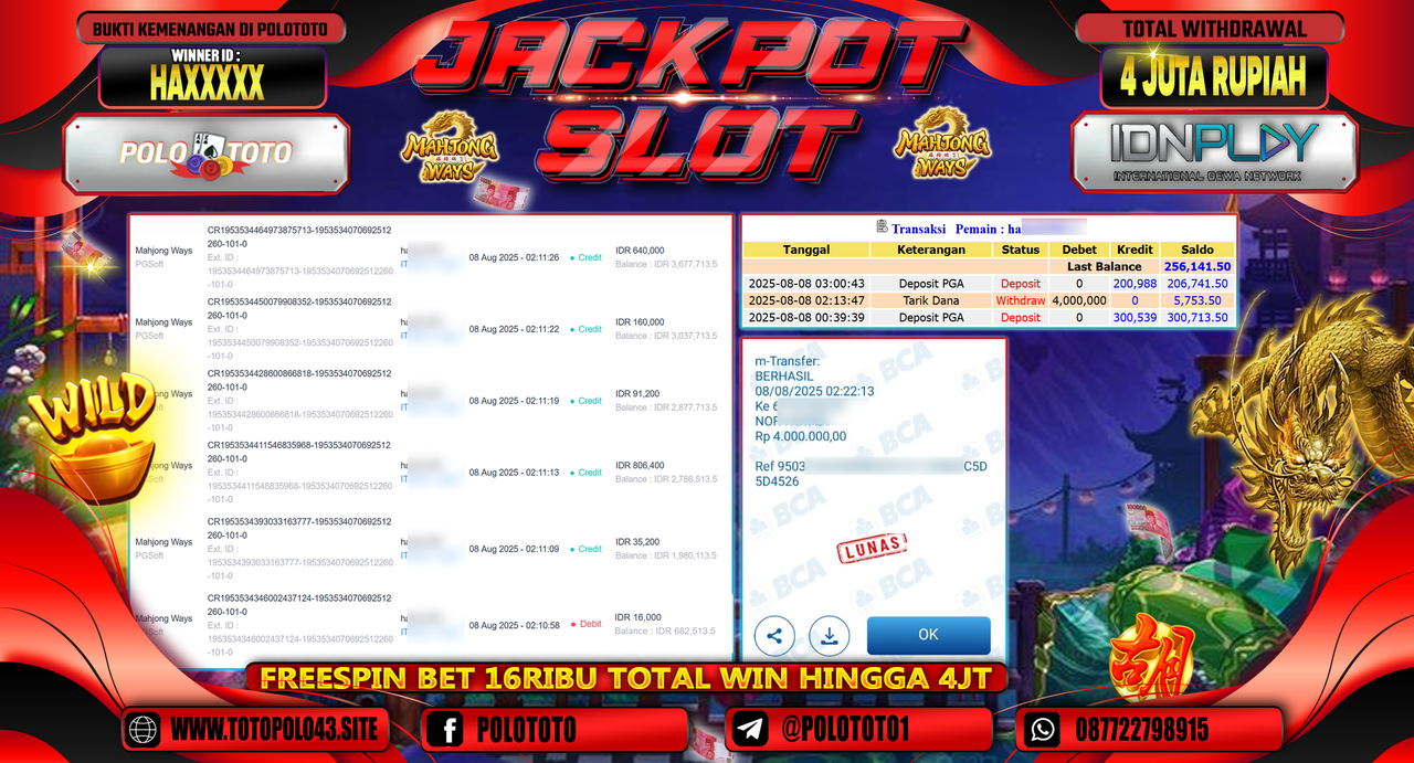 POLOTOTO JACKPOT SLOT MAHJONG WAYS Rp.4.000.000,-LUNAS