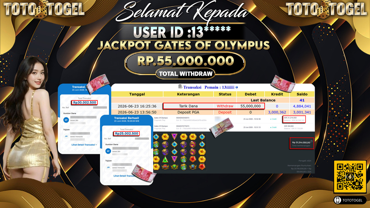 Bukti Pembayaran Jackpot Permainan Slot Gates Of Olympus ID:13*****LUNAS