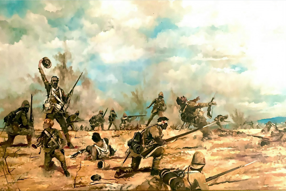 Anglo boer,Colenso,brigada irlandesa de Hart, atrapada bajo el fuego del rifle Boer, en la batalla d