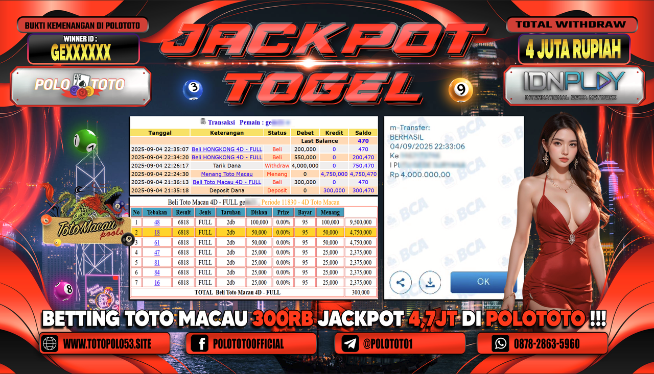 POLOTOTO JACKPOT TOGEL TOTO MACAU Rp.4.000.000,-