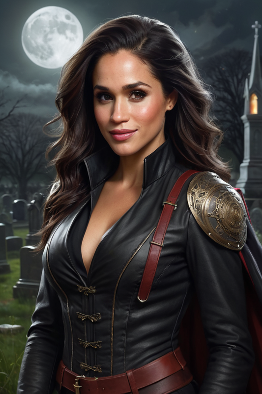 524186158 meghan markle steampunk vampire hunter in a graveyard at night 0001