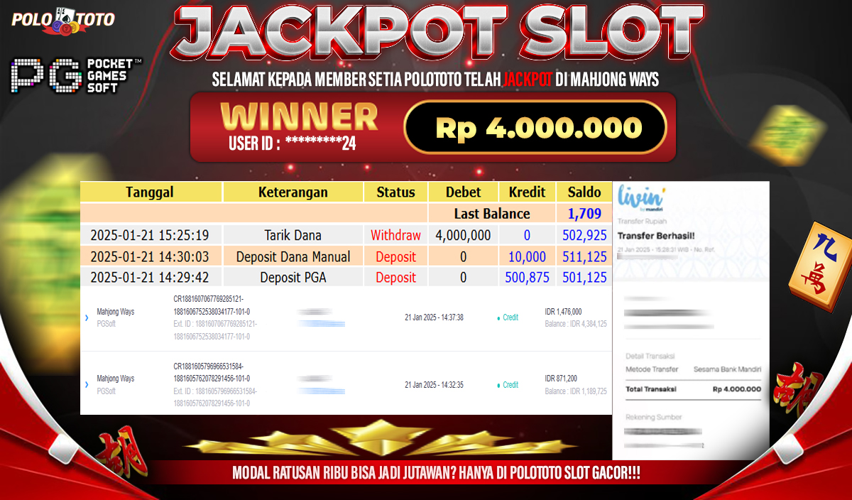 POLOTOTO JACKPOT SLOT MAHJONG WAYS Rp.4,000.000,-