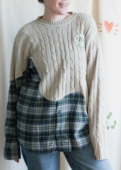 upcycled cream cable knit & green plaid mash up sweater