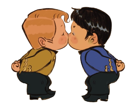 A drawn picture of Spock and Kirk from Star Trek: The Original Series. The art is drawn by egonkula on tumblr. Spock is played by Leonard Nimoy and Kirk is played by William Shatner. They are drawn to resemble kewpie dolls. Kewpie dolls have round, full cheeks, tiny big eyes, and small, round bodies. Spock and Kirk are in a bowed position and kissing.
