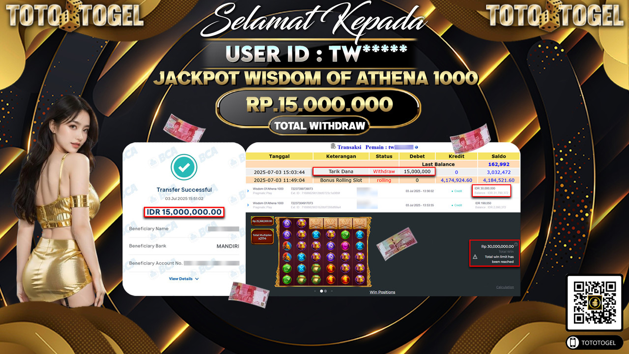 Bukti Pembayaran Jackpot Permainan Slot Wisdom Of Athena 1000 ID:TW***** LUNAS
