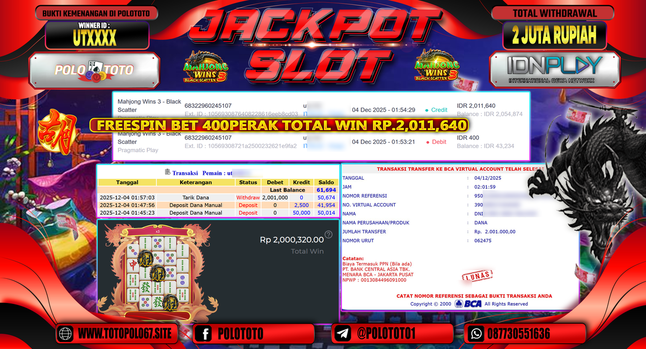 POLOTOTO JACKPOT SLOT MAHJONG WINS 3 - BLACK SCATTER Rp.2.000.000,- LUNAS