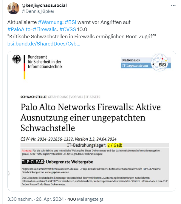 Warnung vor Sicherheitslücke (CVE-2024-3400) in Palo Alto Networks Firewalls