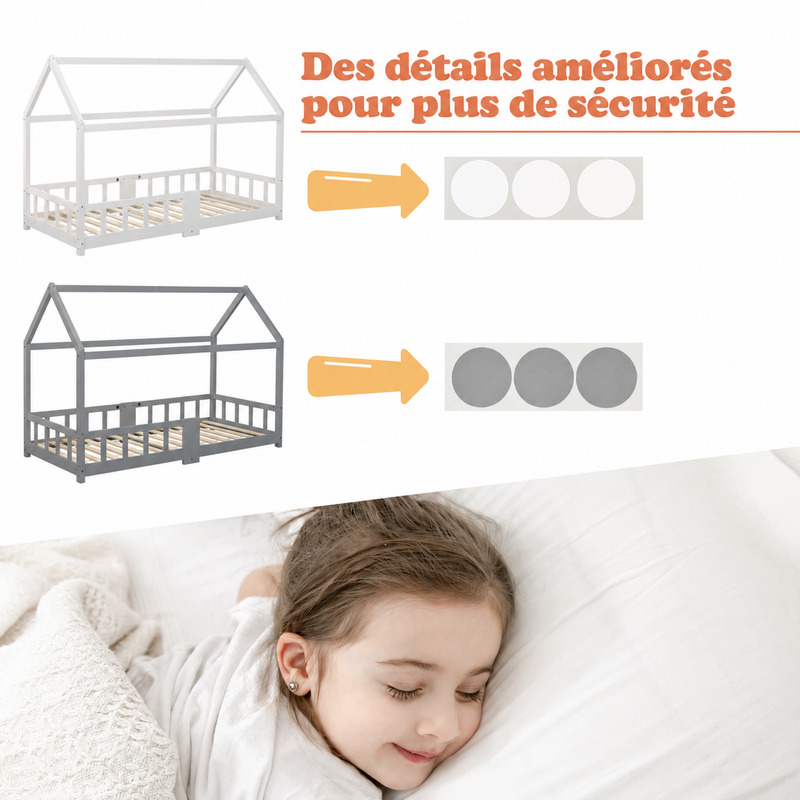 Lit cabane enfant 90 × 200 cm blanc avec cheminée décorative
