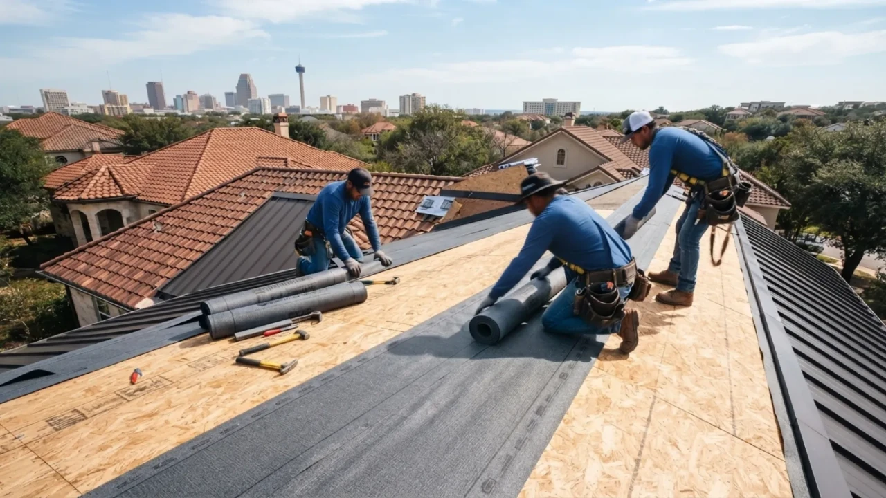 Metal roof underlayment being installed on San Antonio home before panel installation