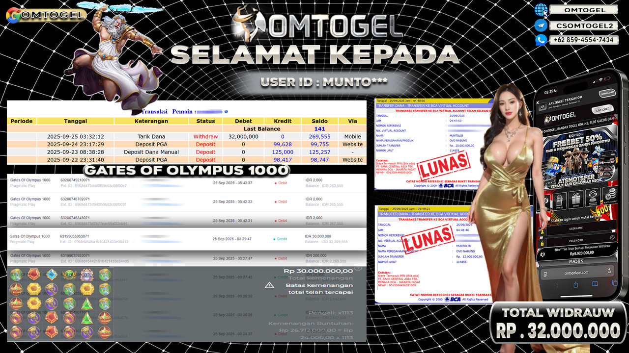 OMTOGEL JACKPOT PRAGMATIC PLAY GATES OF OLYMPUS 1000 32 JUTA DI BAYAR LUNAS ,-