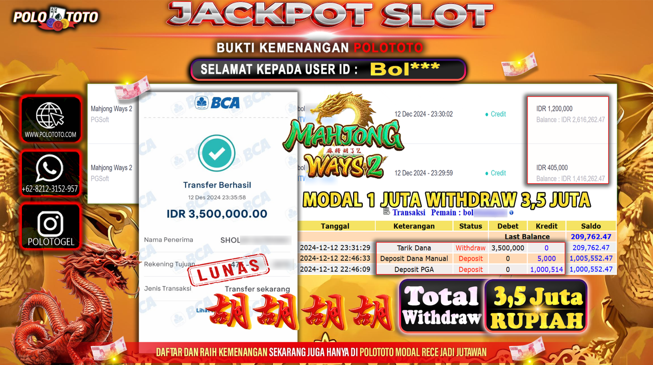 POLOTOTO JACKPOT SLOT MAHJONG WAYS 2 Rp.3,500.000,-