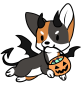 A bat-winged corgi carrying a candy basket
