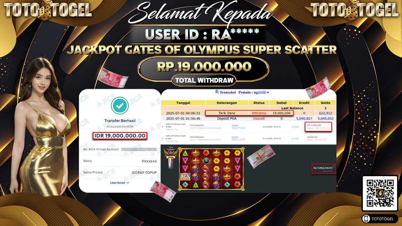 Bukti Pembayaran Jackpot Permainan Slot Gates Of Olympus Super Scatter ID:NG***** LUNAS