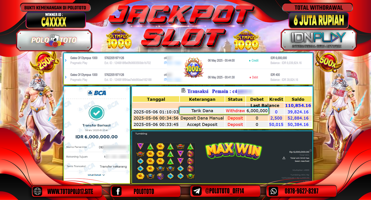 POLOTOTO JACKPOT SLOT GATES OF OLYMPUS 1000 Rp.6.000.000,-