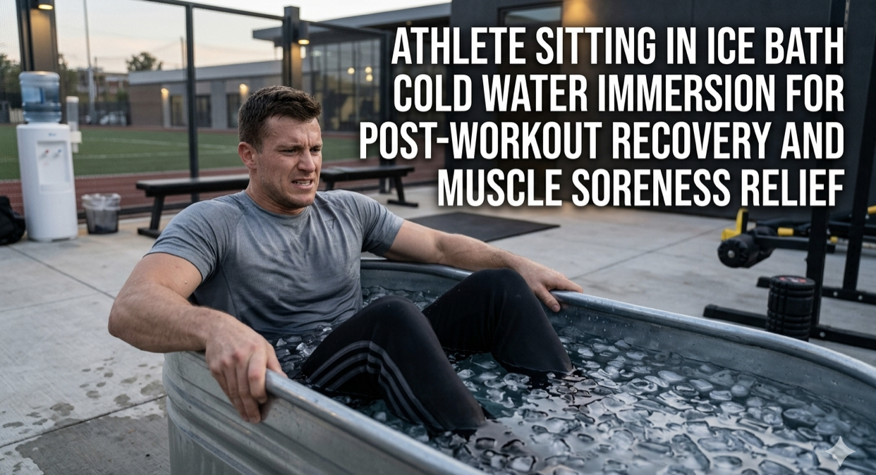 Athlete sitting in ice bath cold water immersion for post-workout recovery and muscle soreness relief after intense training