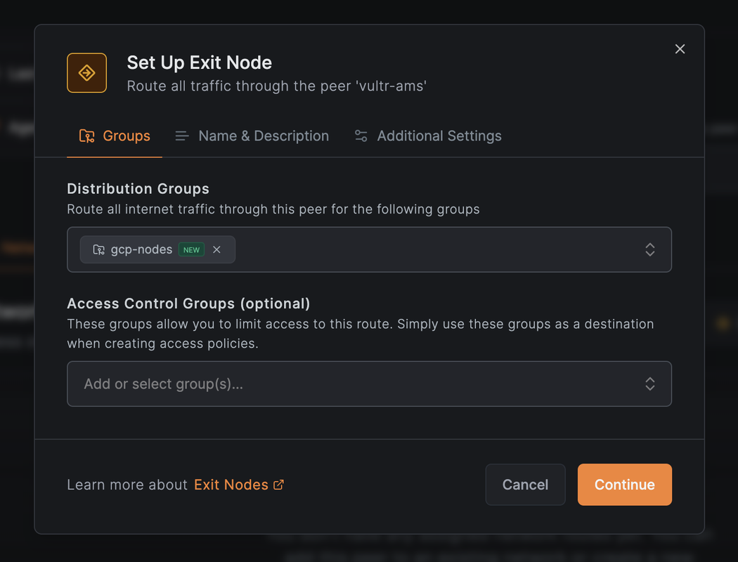 Exit node configuration modal with gcp-nodes group selected