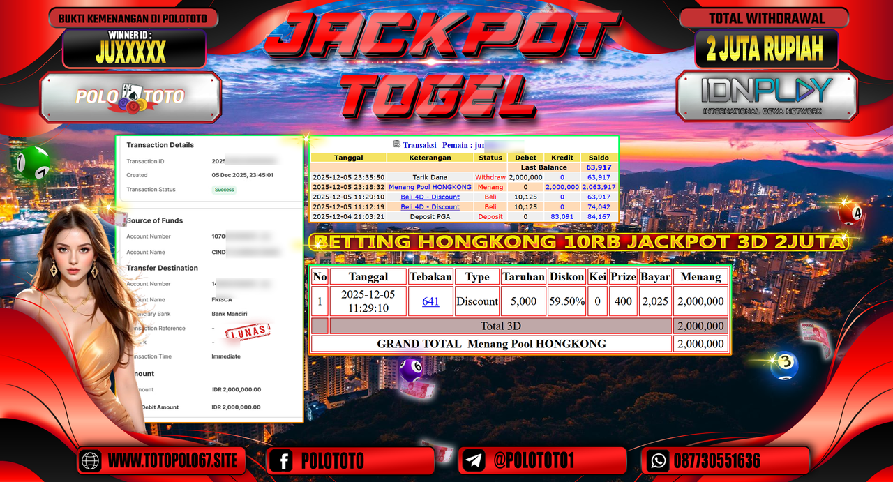 POLOTOTO JACKPOT TOGEL MENANG HONGKONG LOTTO Rp.2.000.000,- LUNAS