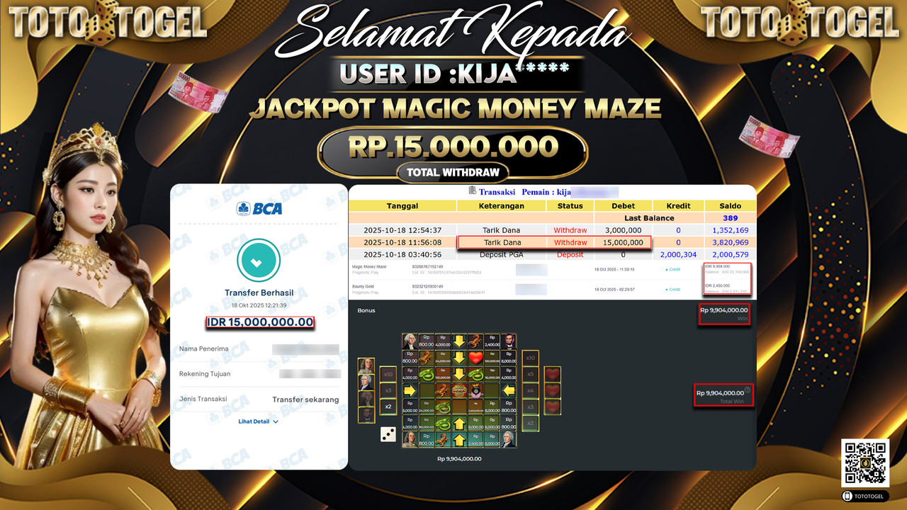 Bukti Pembayaran Jackpot Permainan Slot Magic Money Maze  ID:KIJA**** LUNAS