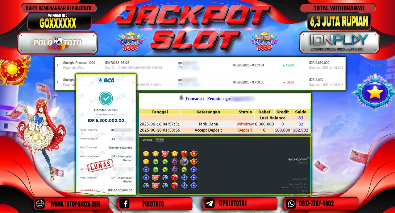 POLOTOTO JACKPOT SLOT STARLIGHT PRINCESS 1000 Rp.6.300.000,-