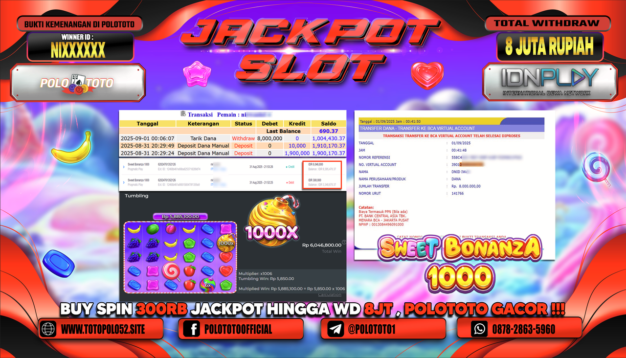 POLOTOTO JACKPOT SLOT SWEET BONANZA 1000 Rp.8.000.000,-