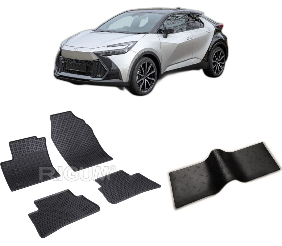 Set covorase auto TOYOTA C-HR HYBRID din 2024-PREZENT, cu covoras tunel median, CAROSERIE SUV, Presuri cauciuc 100%, compatibil cu autoturismul TOYOTA C-HR HYBRID, Rigum