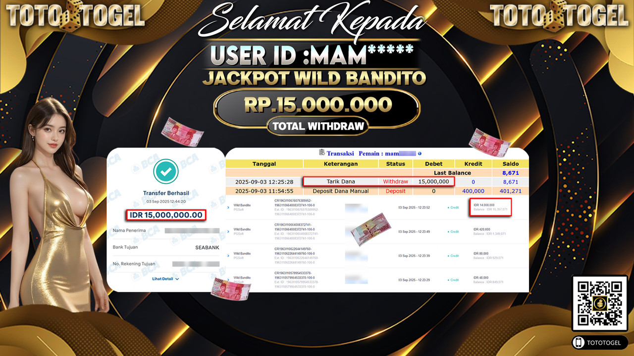 Bukti Pembayaran Jackpot Permainan Slot Wild Bandito ID:MAM***** LUNAS